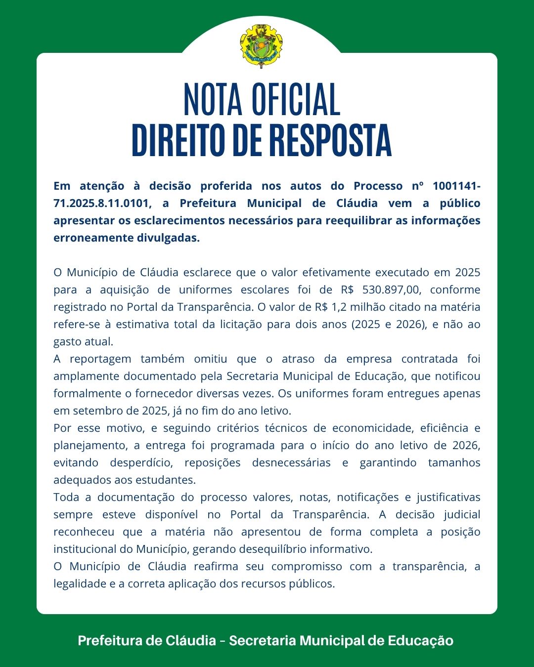 NOTA OFICIAL – DIREITO DE RESPOSTAUNIFORMES ESCOLARES